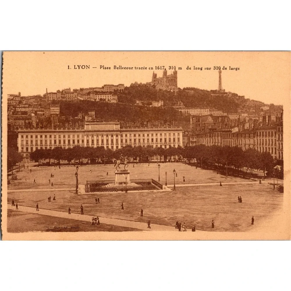 Vintage Lyon Place Bellecour Sepia Postcard 1617 Square France